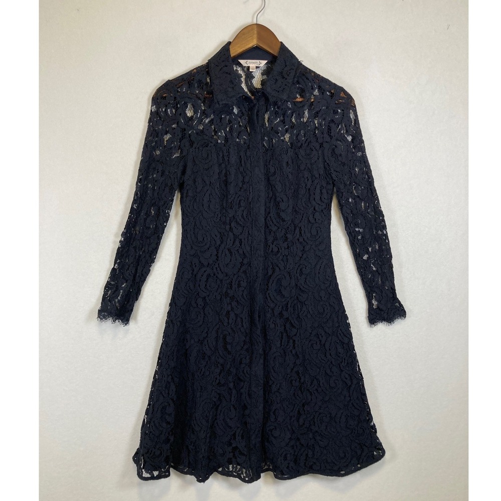 Gothic Romantic Nanette Lepore Women 6 Navy Blue Floral Lace A-Line Shirt Dress‎